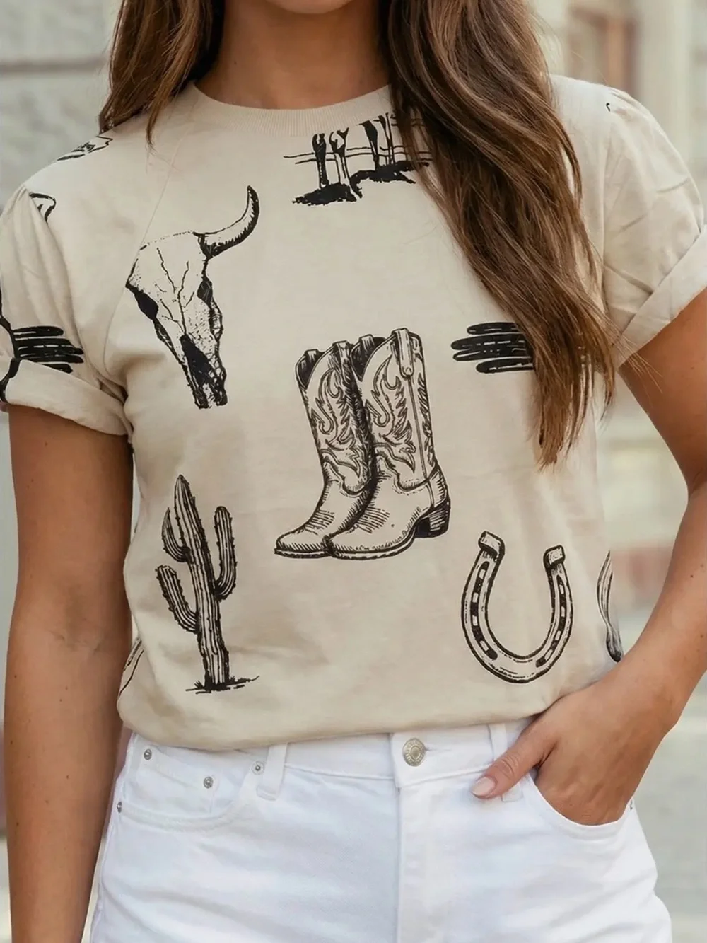 Graphic Western Short Sleeve Tee - Beige - Picture 1 of 3